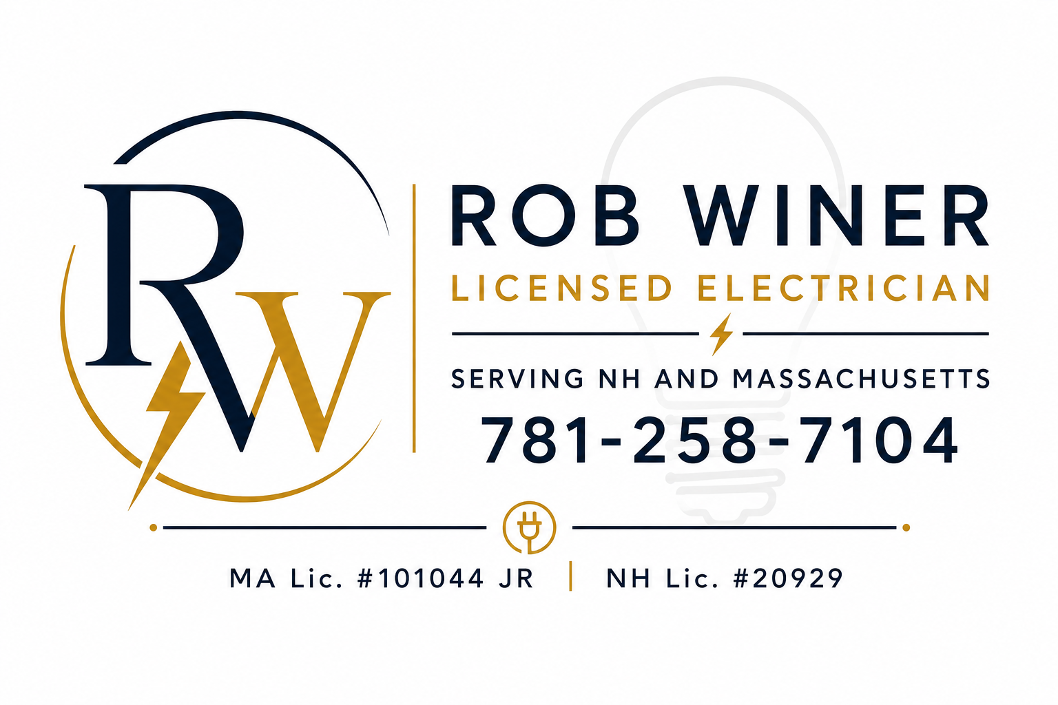 Rob Winer Electrical business card — (781) 258-7104, info@robwinerelectric.com, North Shore MA